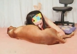 Relaxed brunette is sucking her doggy's dick