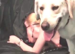 Pasty blondie with a pink pussy screws a dog