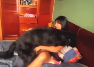 Brunette with a round ass fucks a black dog