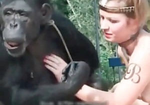 Competition of a busty blonde and a monkey